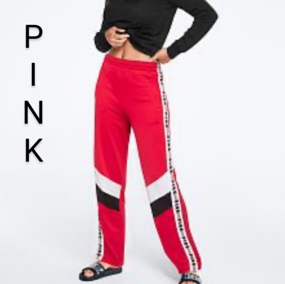 VS PINK Logo Strip Snap Red Track Pants   Size M